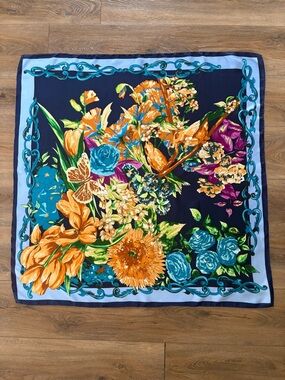 Vintage Dormith Silk Scarf Navy Birds, Butterflies & Botanical Garden Charm